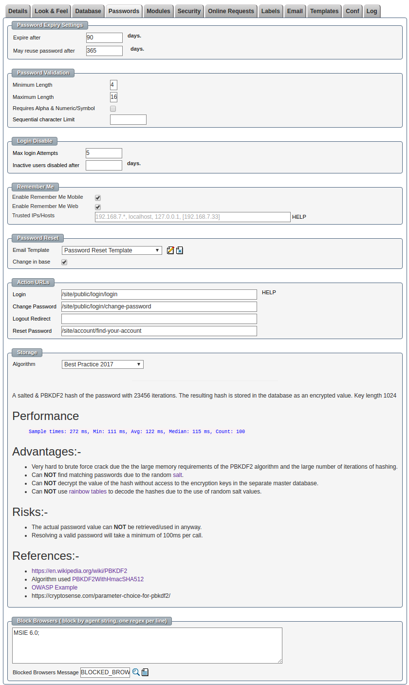 Password options Password options