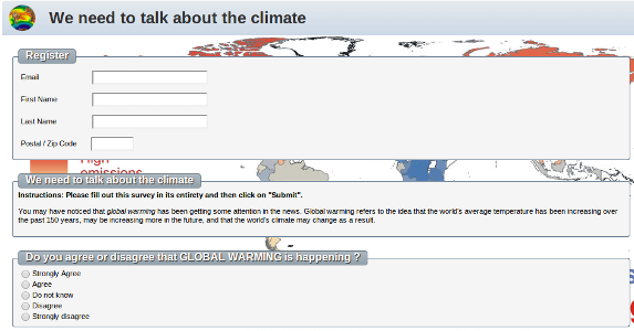 A sample questionnaire :- http://polls.stsoftware.com.au/site/climate/ To create a questionnaire:- List of questions:- Create a new question:- List of choices:- Resulting sample survey:-